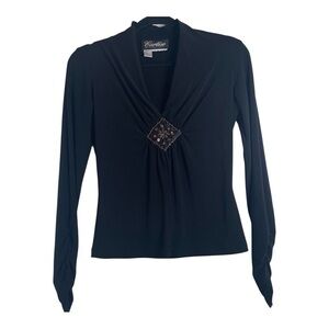 Cartise International Size 6 Black Embellished Elegant  V-Neck Glam Chic Blouse